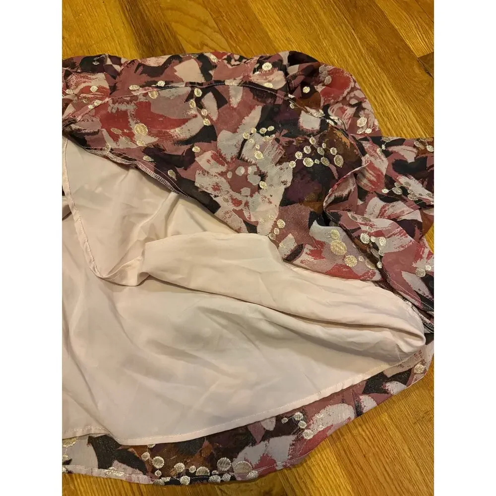 BTFL-Life Women’s XS Pink Gold Floral Plunging Short Sleeve Wrap Mini Dress
